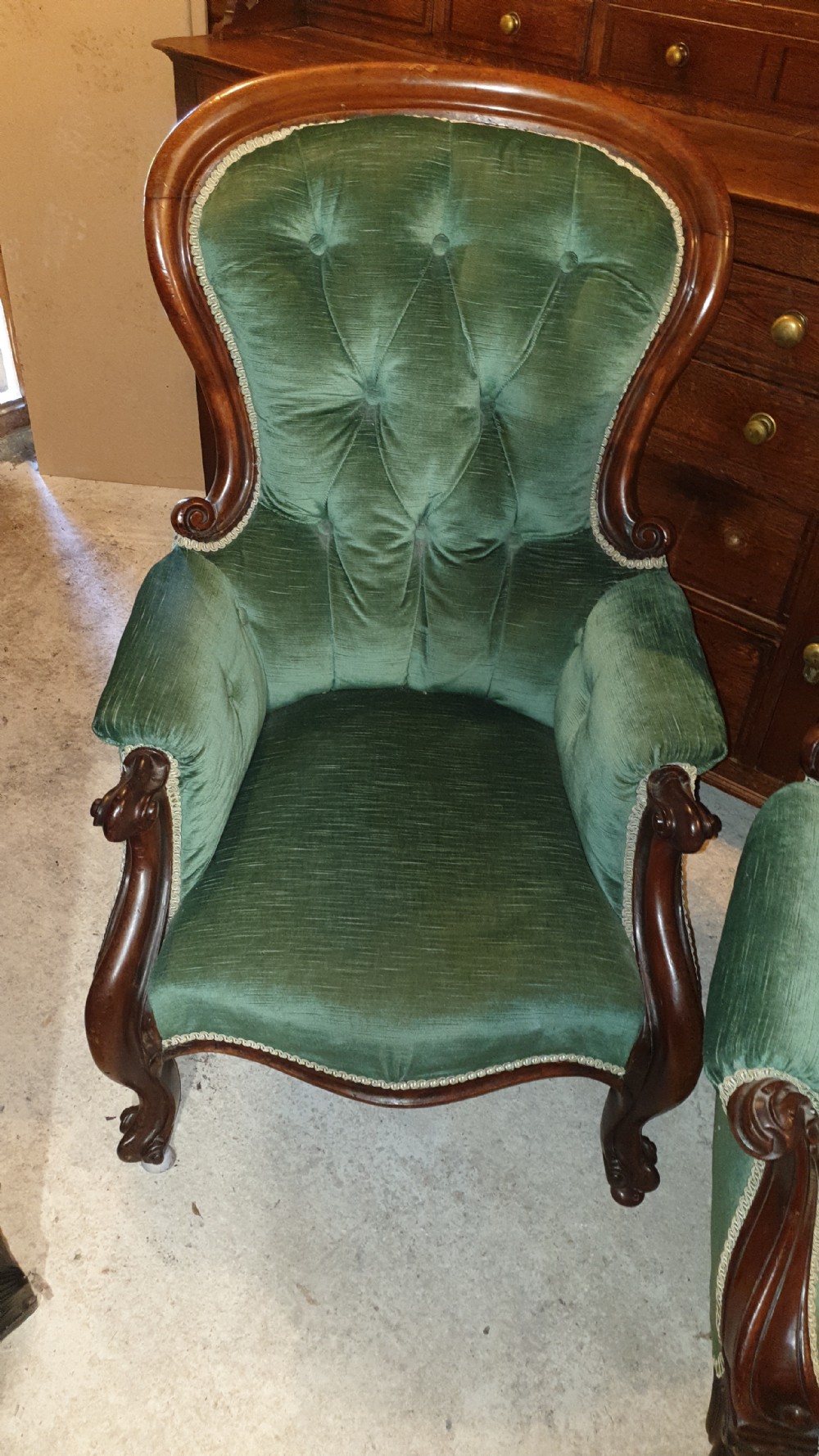 Close pair of Mahogany frame Spoon back upholstered armchairs.  View IV