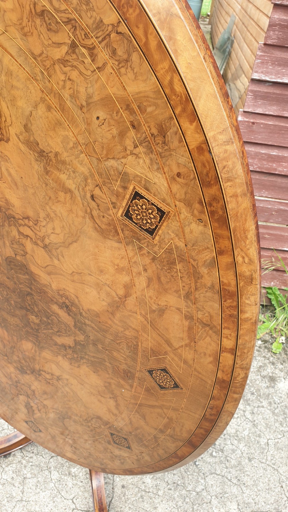 Victorian inlaid walnut oval tip top pedestal table.  View II