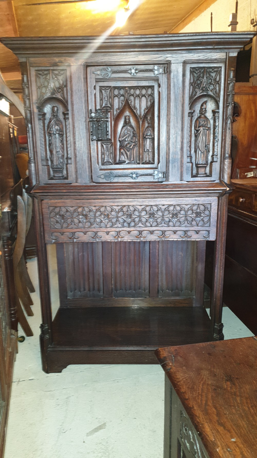 19th century carved oak gothic revival cabinet.  View II