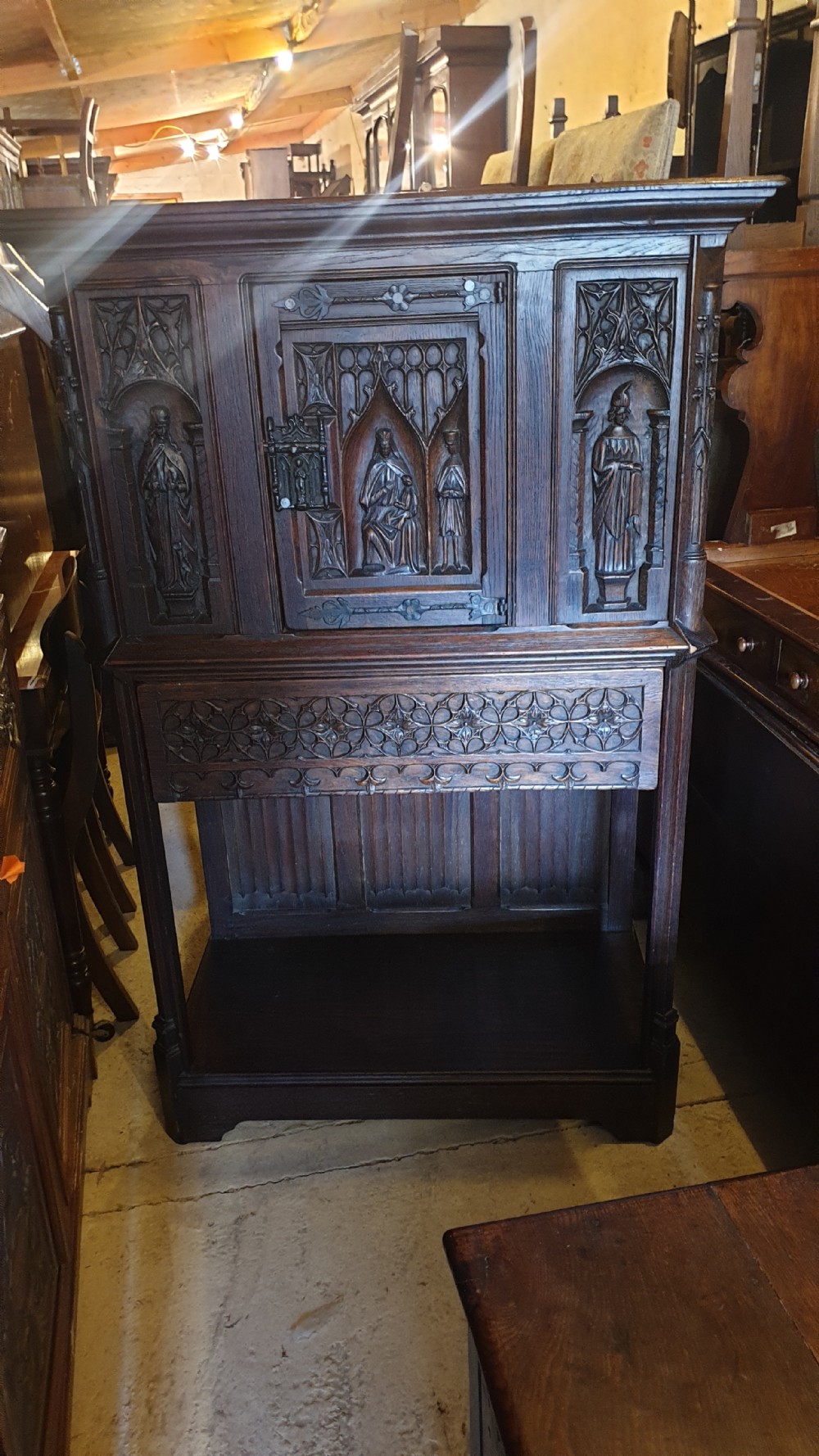19th century carved oak gothic revival cabinet.  View III