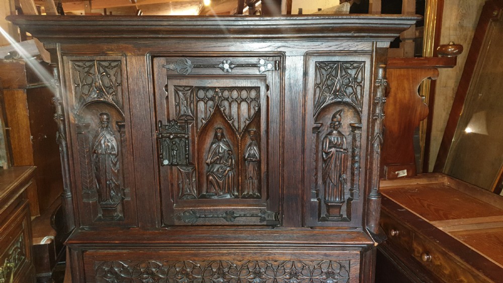 19th century carved oak gothic revival cabinet.  View IV
