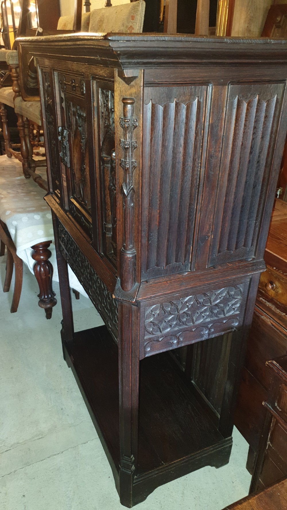 19th century carved oak gothic revival cabinet.  View V