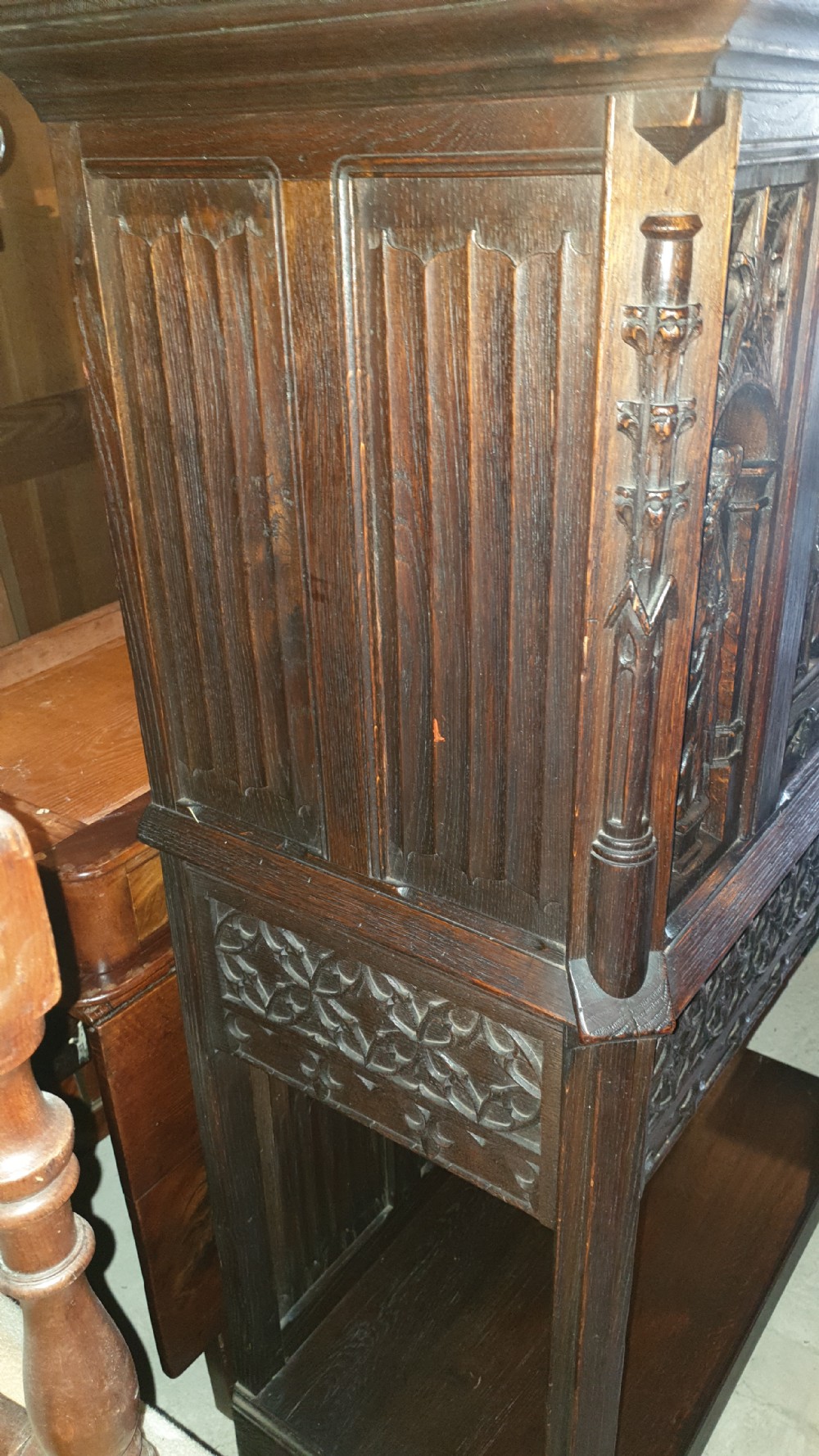19th century carved oak gothic revival cabinet.  View VI