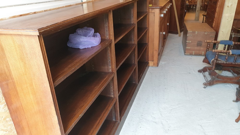 8 foot practical oak Edwardian open front bookcase.  View II