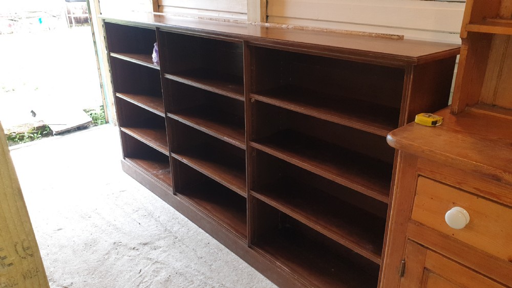8 foot practical oak Edwardian open front bookcase.  View IV