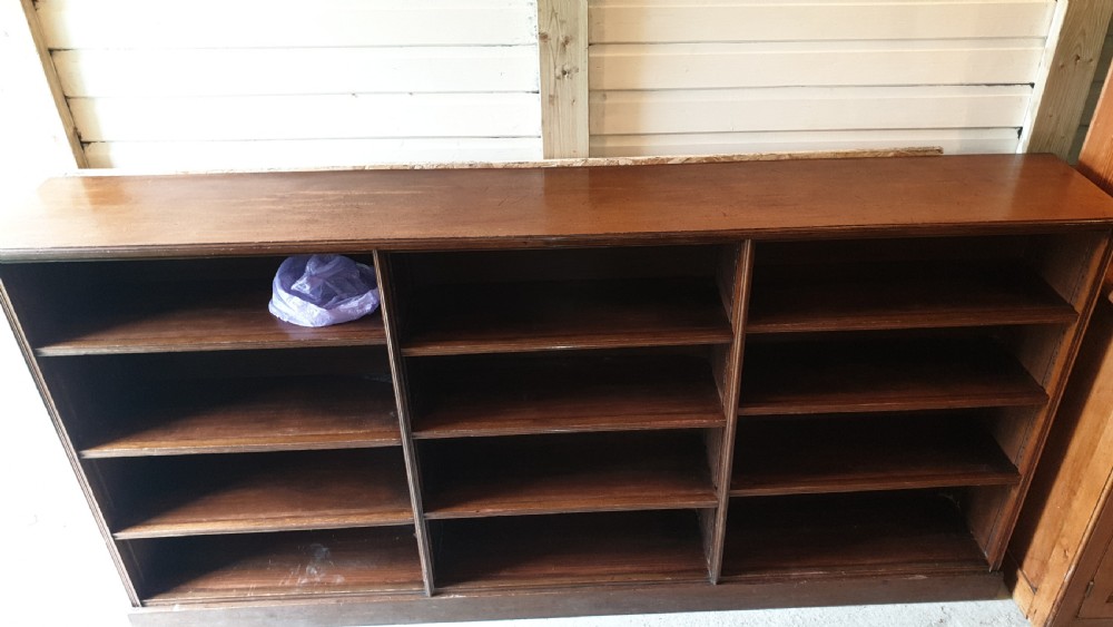 8 foot practical oak Edwardian open front bookcase.  View VI