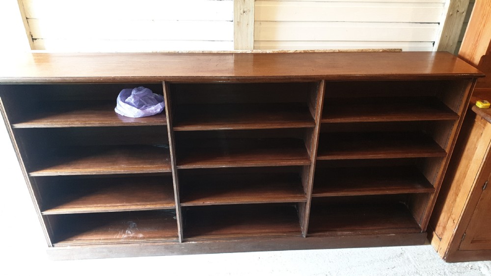 8 foot practical oak Edwardian open front bookcase.  View VII