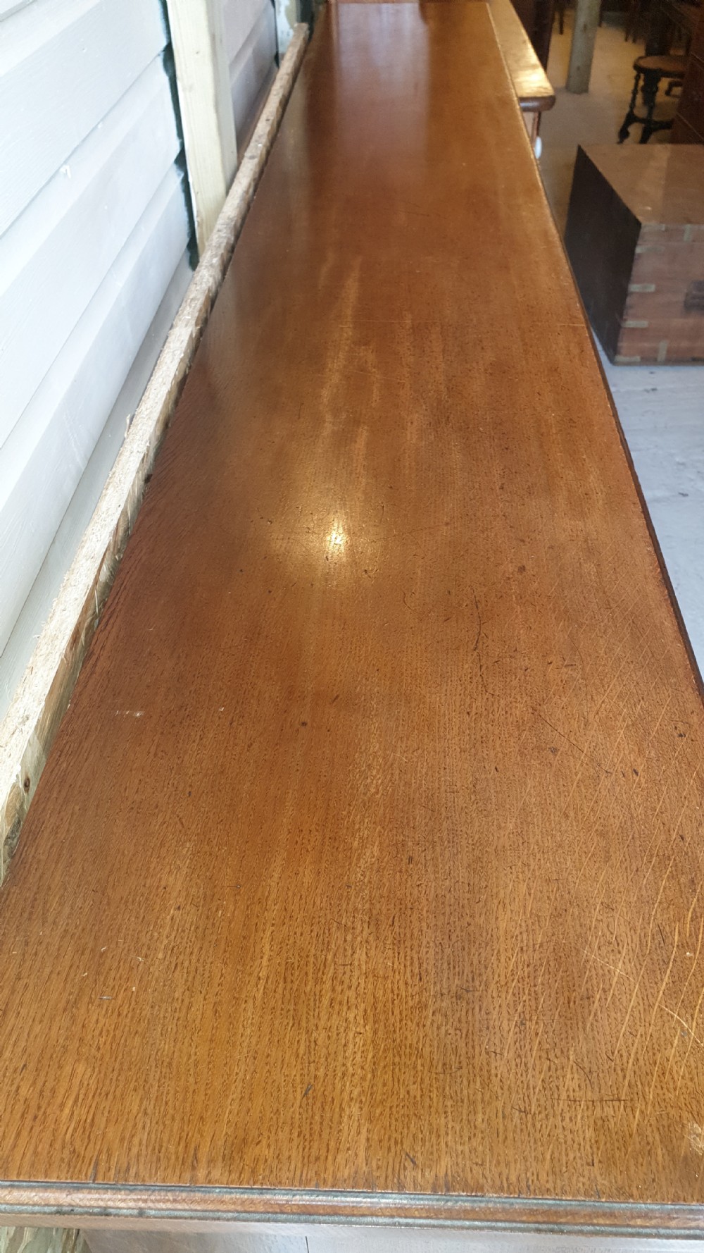 8 foot practical oak Edwardian open front bookcase.  View VIII
