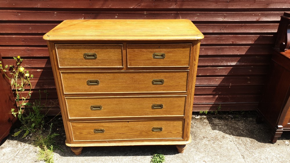 Late Victorian pitch pine chest of drawers. View V
