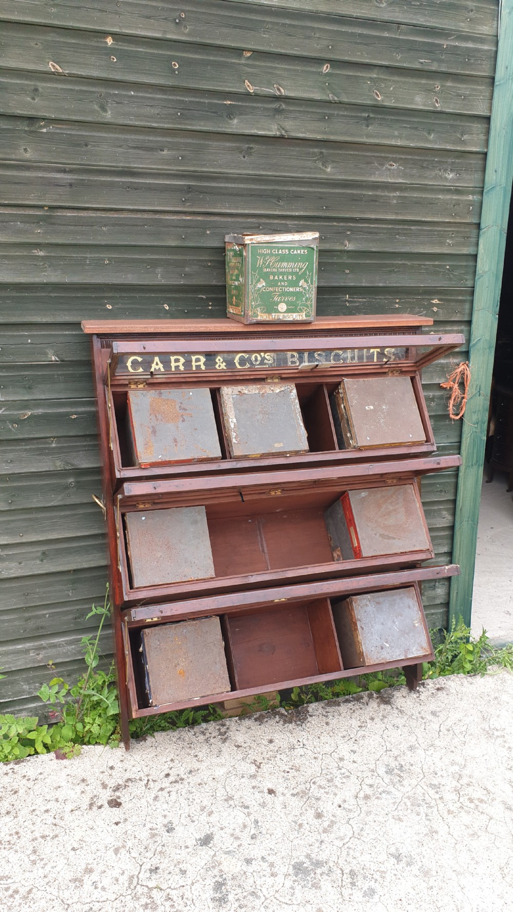 Late Victorian biscuit cabinet complete with biscuit tins. View III