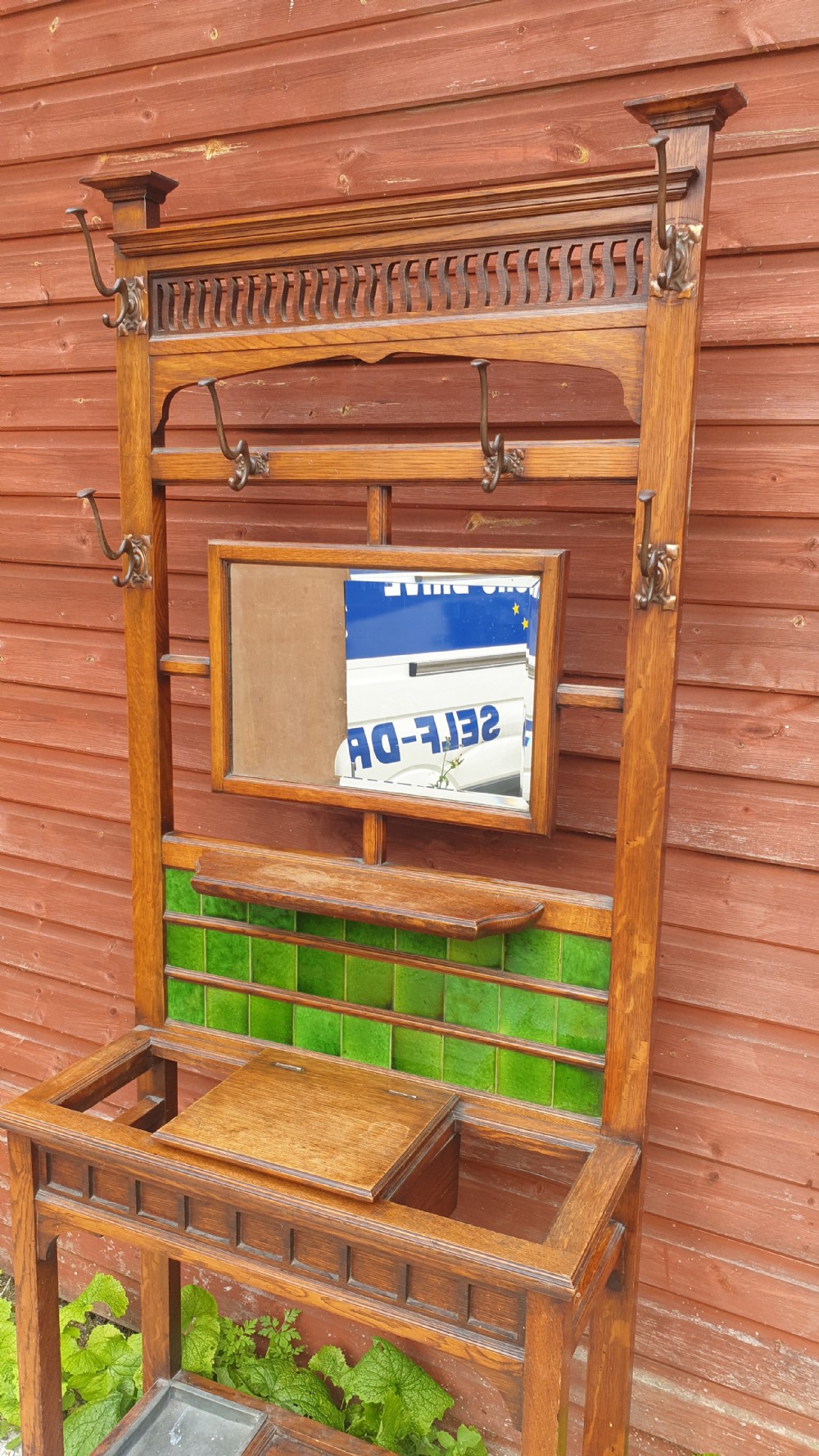 Late Victorian oak arts and crafts hallstand.  View II