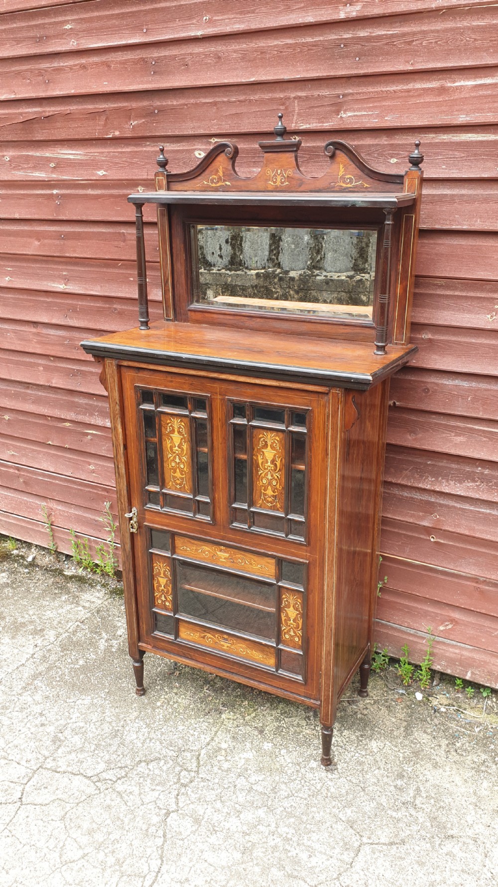 Late Victorian inlaid rosewood side cabinet fitted shelves.