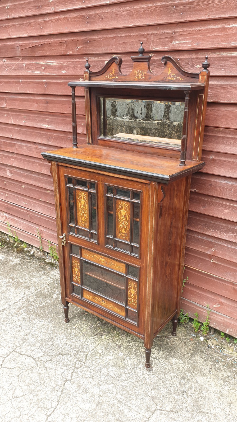 Late Victorian inlaid rosewood side cabinet fitted shelves. View II