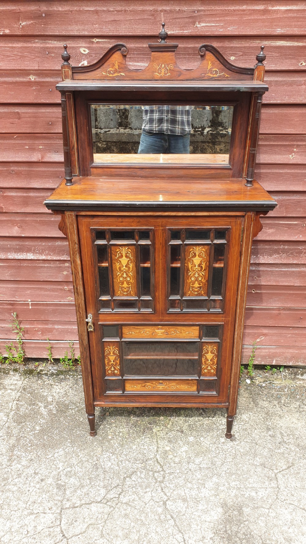 Late Victorian inlaid rosewood side cabinet fitted shelves. View IV