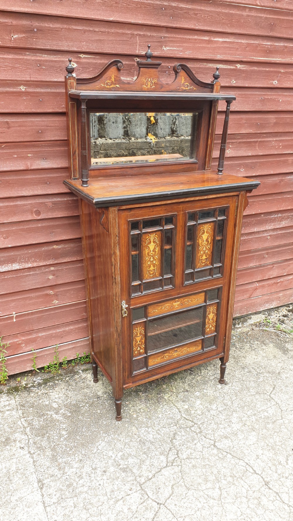 Late Victorian inlaid rosewood side cabinet fitted shelves. View V