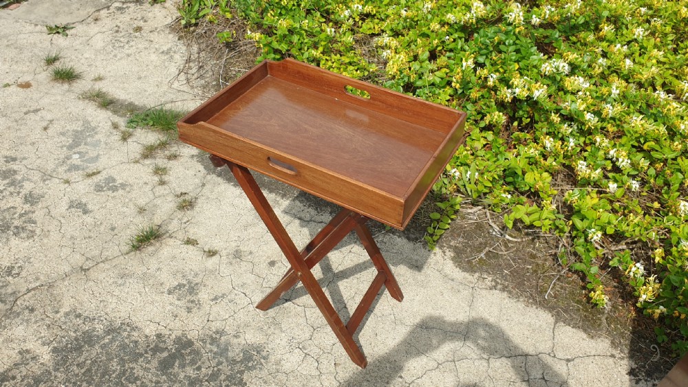Mahogany butlers tray on folding stand.  View II