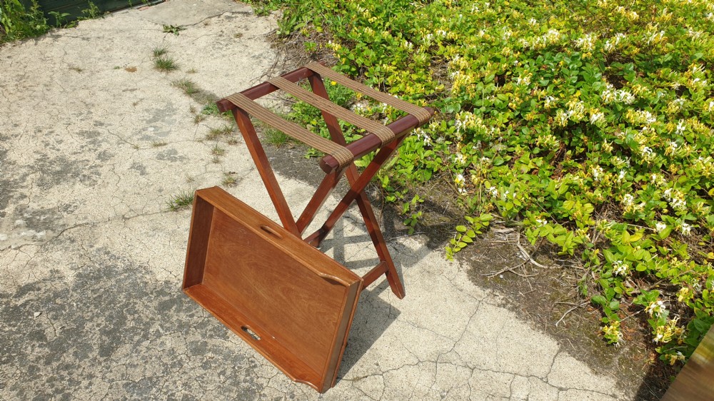 Mahogany butlers tray on folding stand.  View III