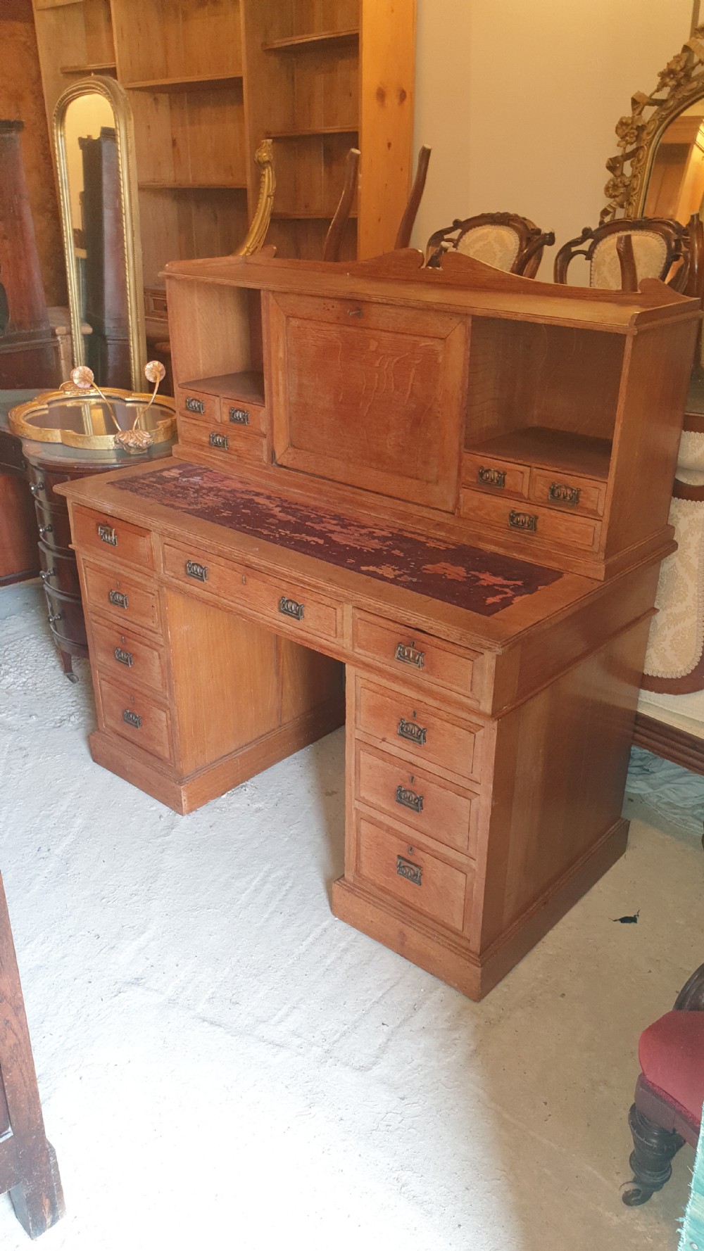 Oak Arts and crafts kneehole pedestal desk.  View II