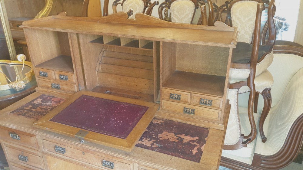 Oak Arts and crafts kneehole pedestal desk.  View III