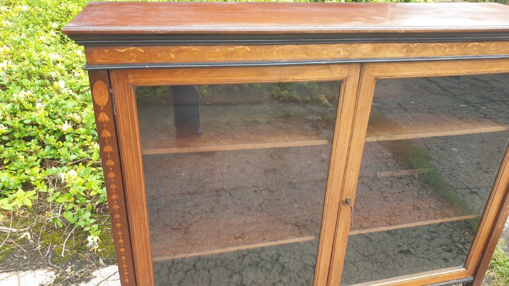 Edwardian inlaid mahogany bookcase cabinet.  View IV