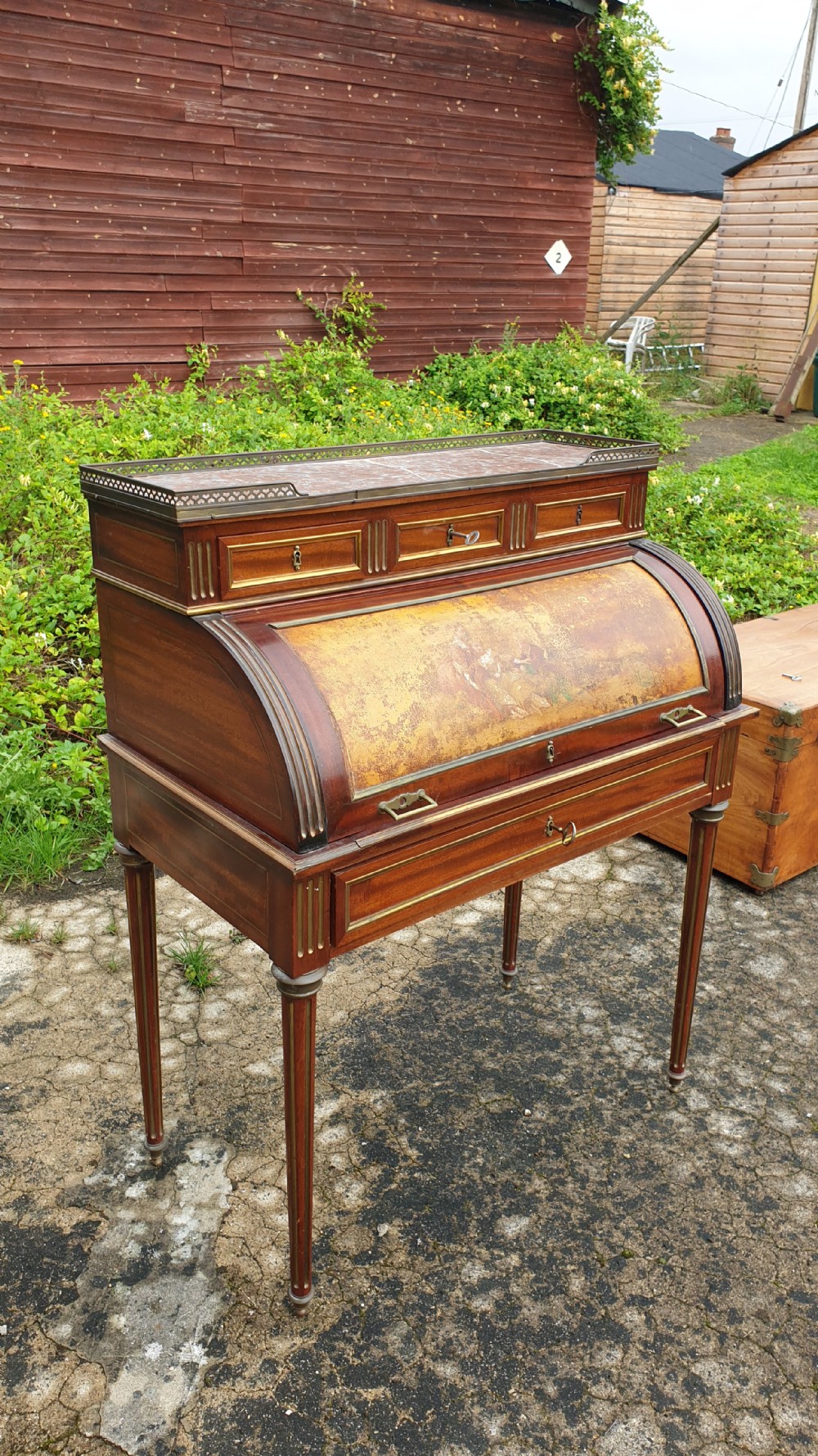 Edwardian brass mounted cylinder bureau. View V
