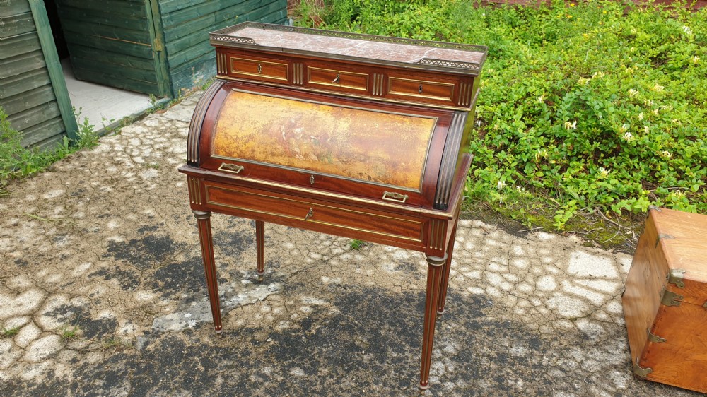 Edwardian brass mounted cylinder bureau. View VI