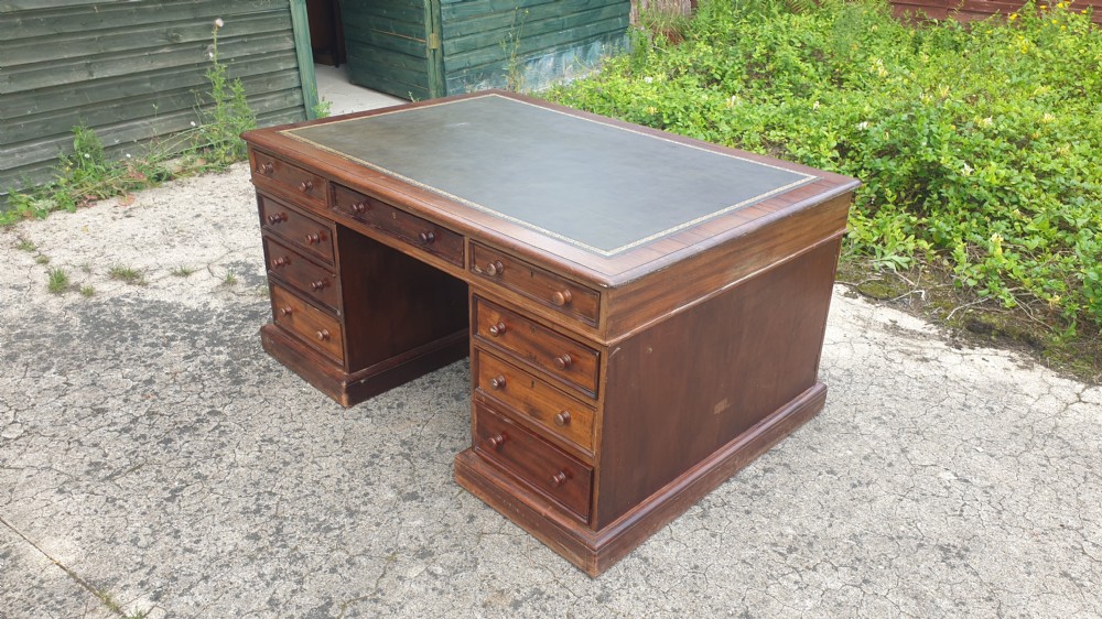 Victorian mahogany pedestal partners desk. Makers stamp. View III