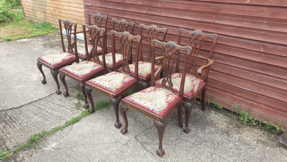 Set of 8 carved mahogany Chippendale revival dining chairs  View II
