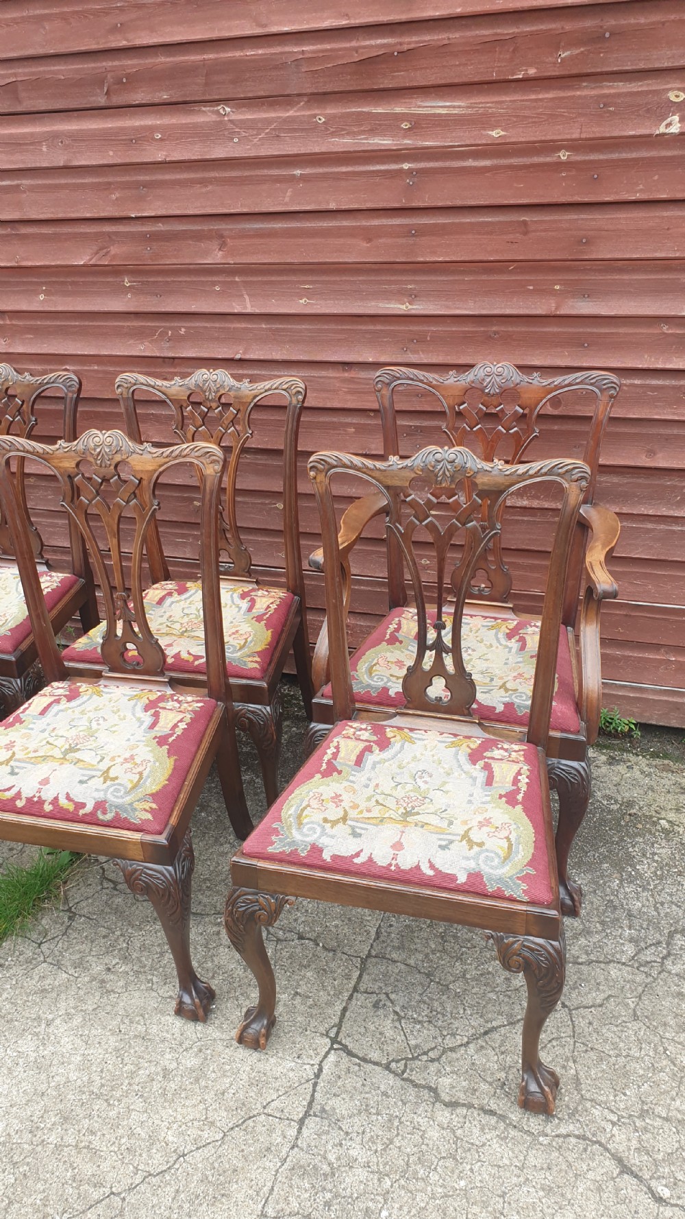 Set of 8 carved mahogany Chippendale revival dining chairs  View III
