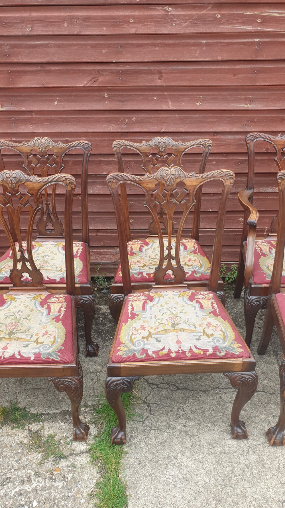 Set of 8 carved mahogany Chippendale revival dining chairs  View V