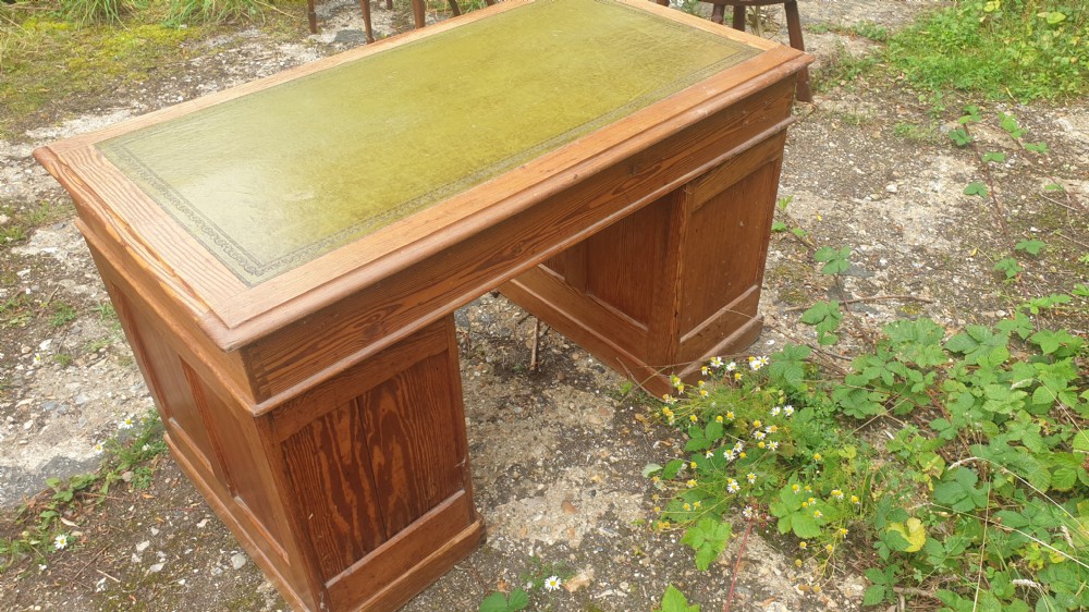 Edwardian pitch pine pedestal desk.  View II
