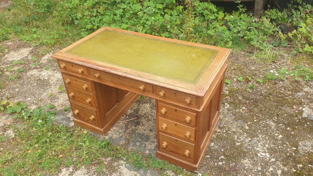 Edwardian pitch pine pedestal desk.  View III