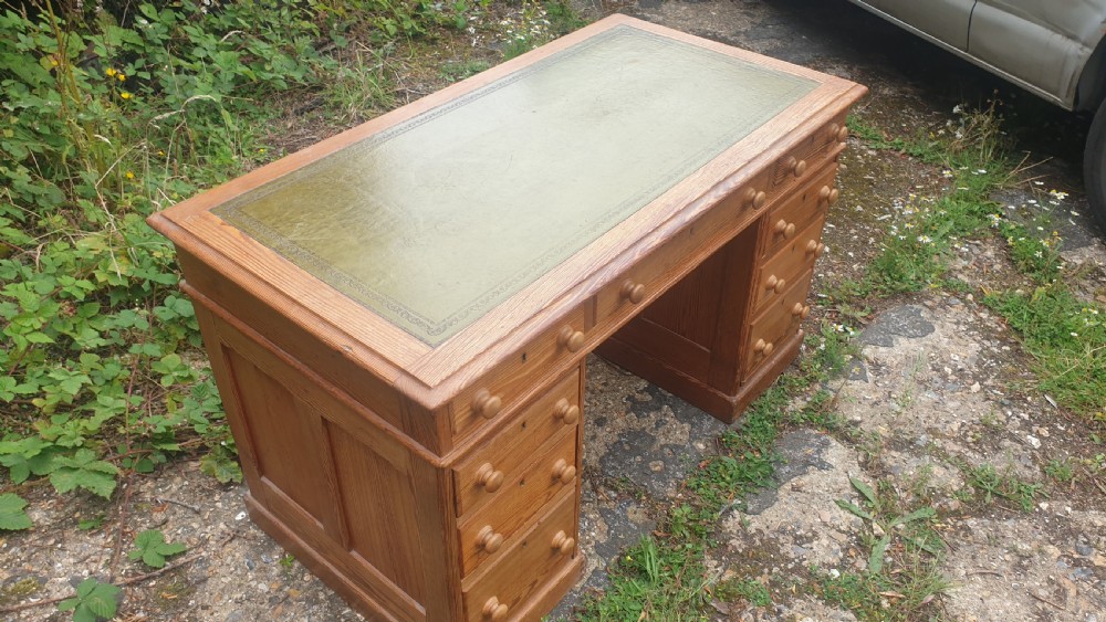 Edwardian pitch pine pedestal desk.  View IV