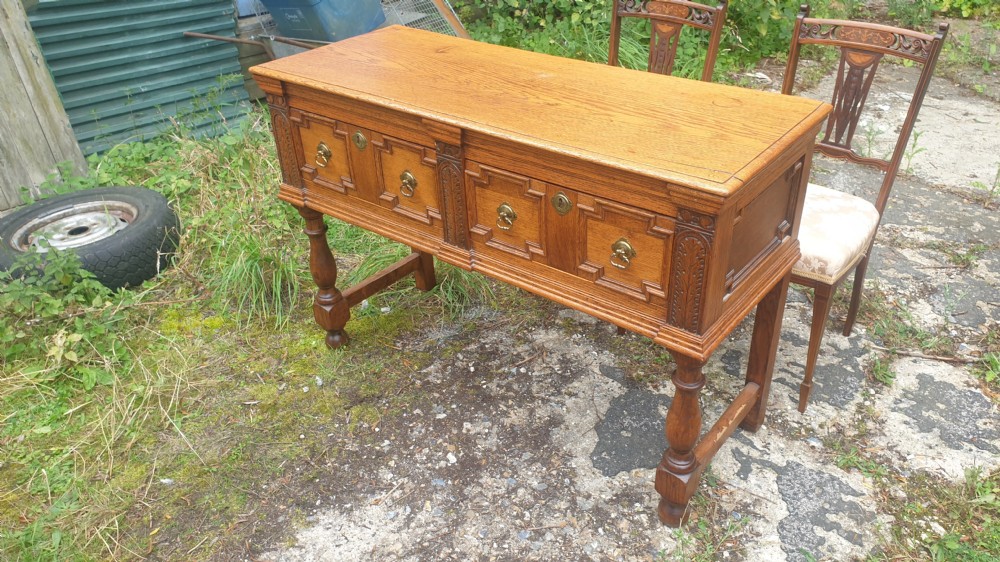 Late Victorian oak 2 drawer dresser base. View IV