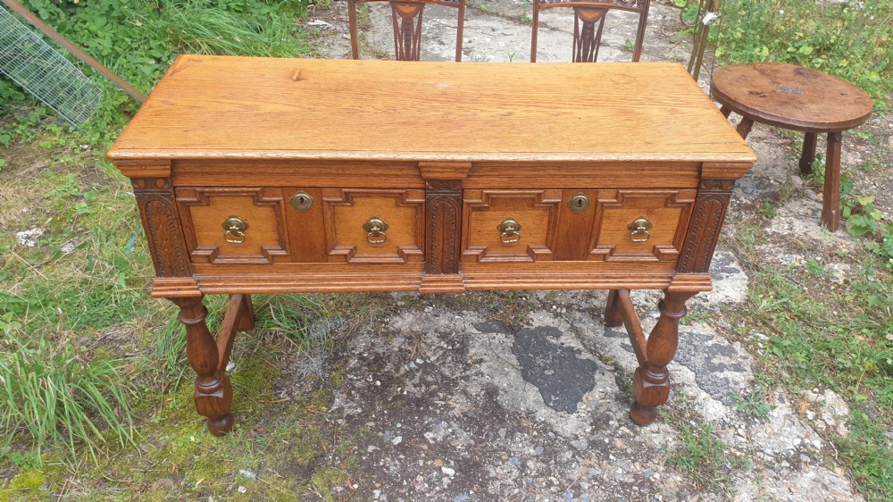 Late Victorian oak 2 drawer dresser base. View V