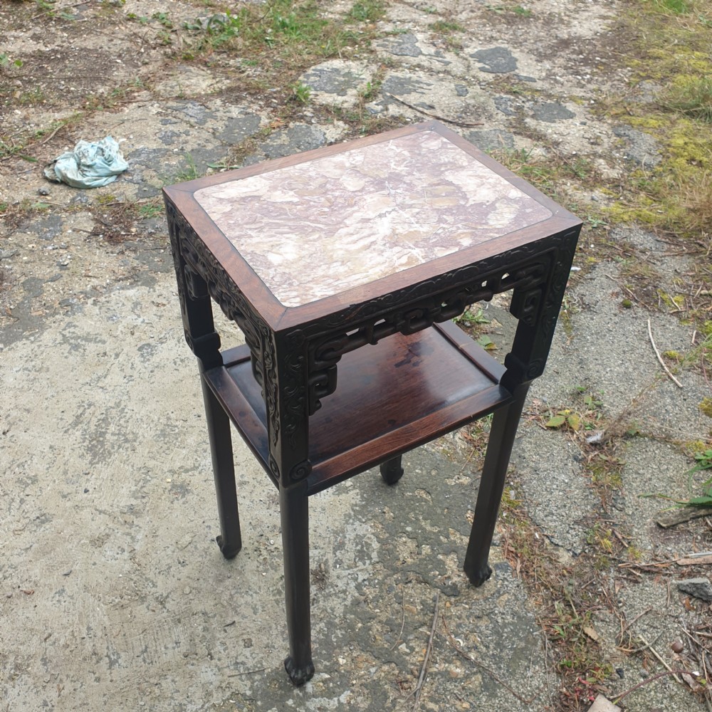 Carved Chinese hardwood marble top stand.  View II