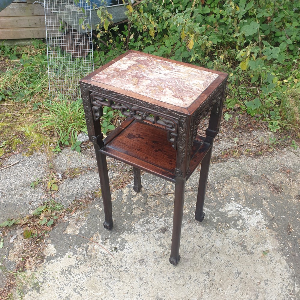 Carved Chinese hardwood marble top stand.  View III