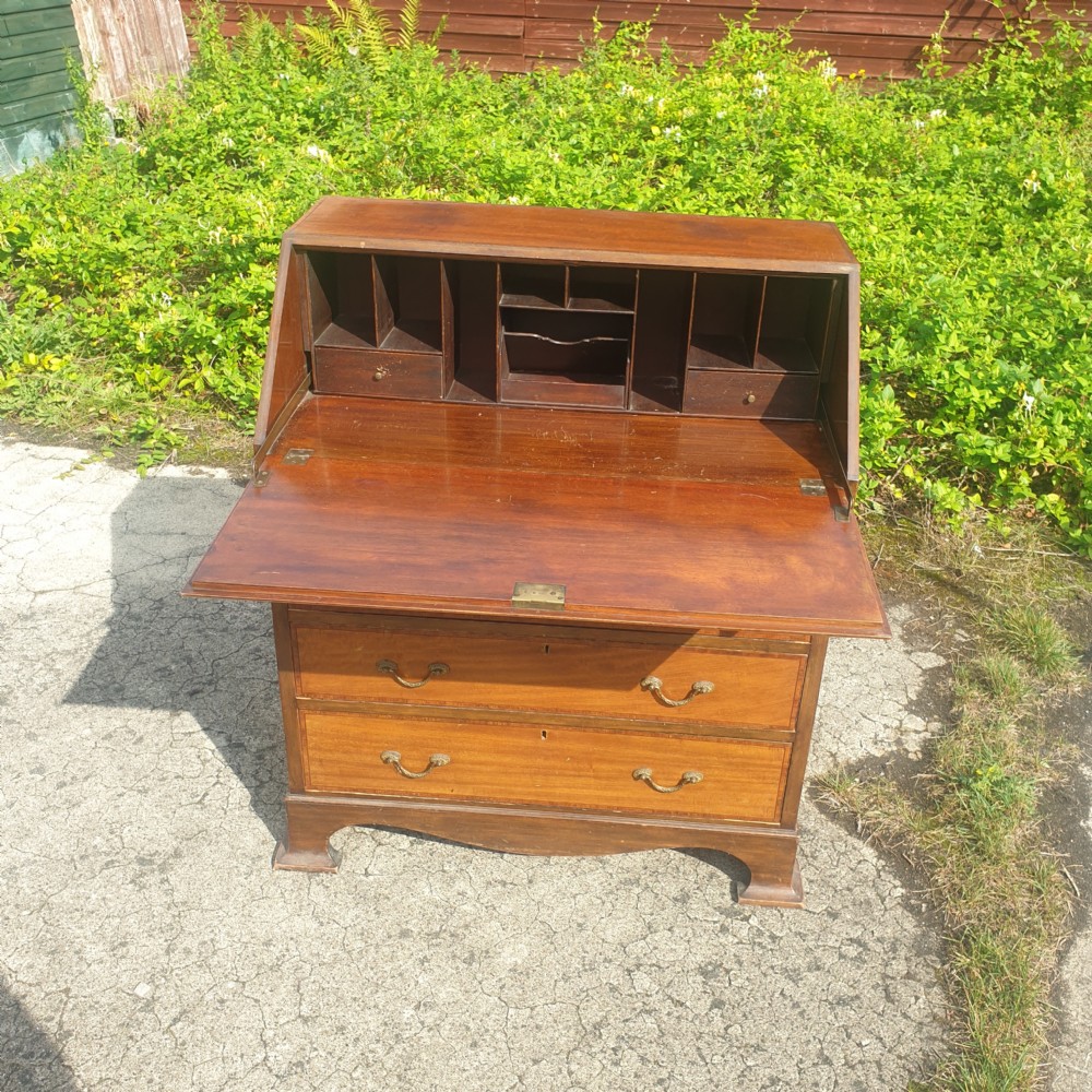 Edwardian inlaid mahogany 4 drawer writing bureau.  View IV