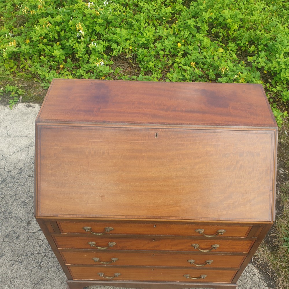 Edwardian inlaid mahogany 4 drawer writing bureau.  View V