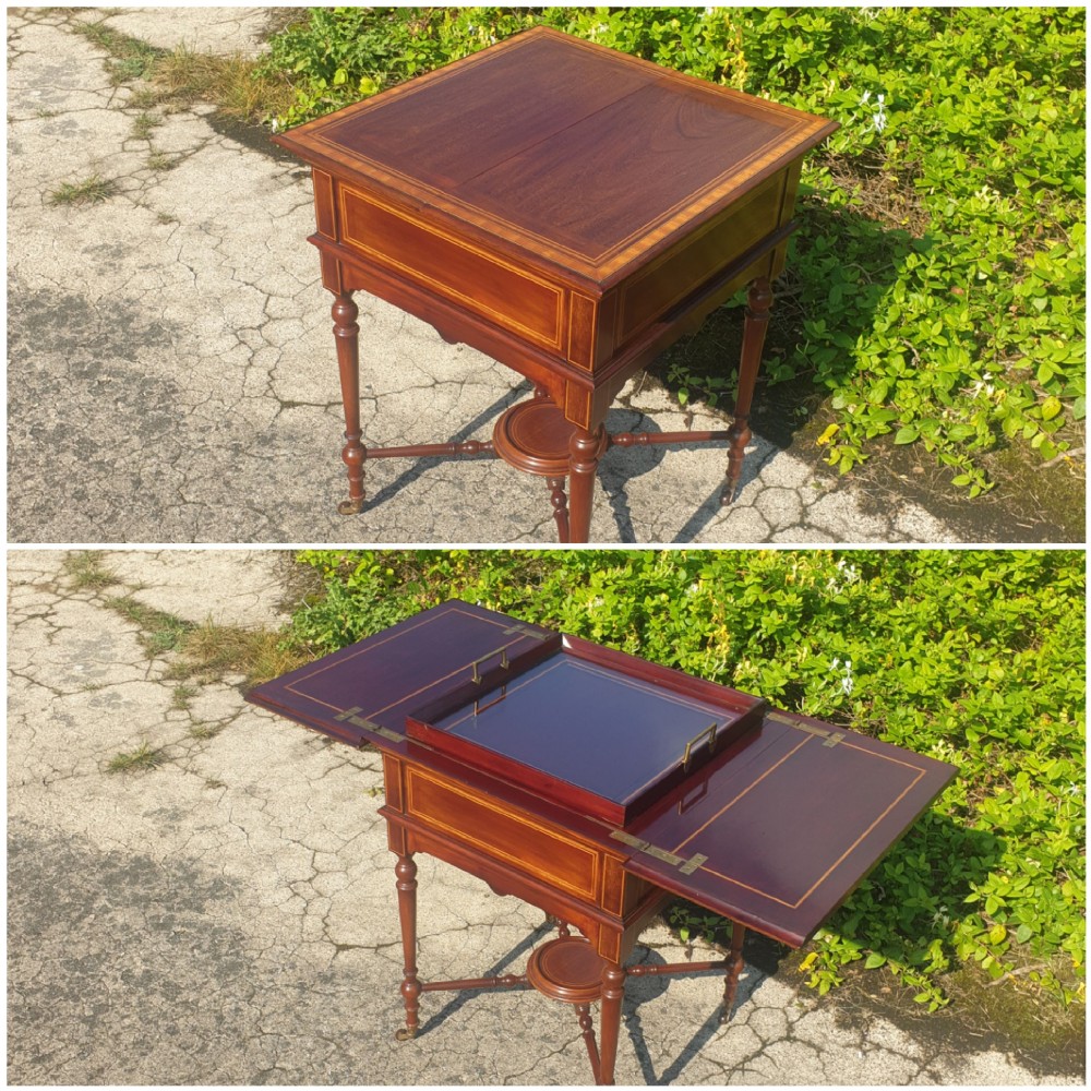 Good quality inlaid mahogany surprise drinks table with tray.  View VII