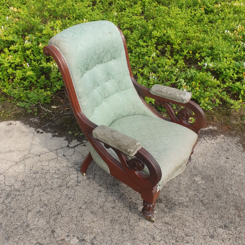 Early Victorian mahogany scroll arm library armchair  View III