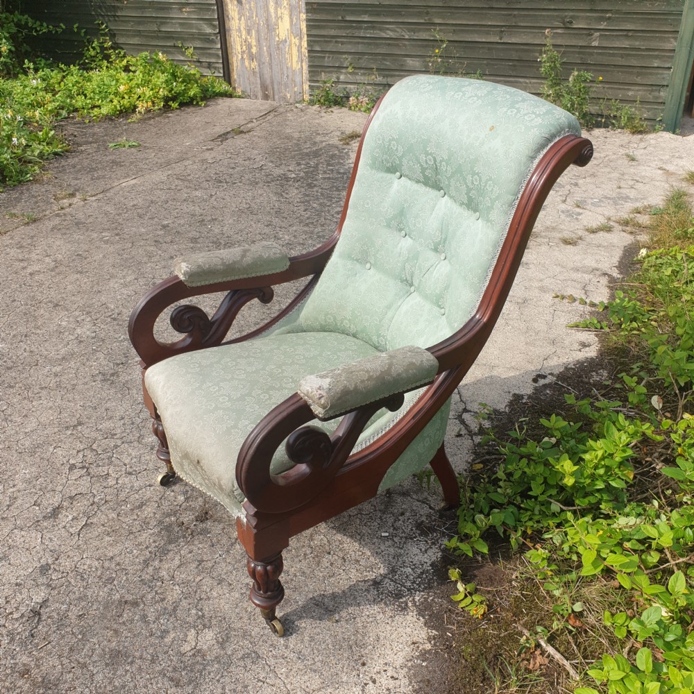 Early Victorian mahogany scroll arm library armchair  View IV