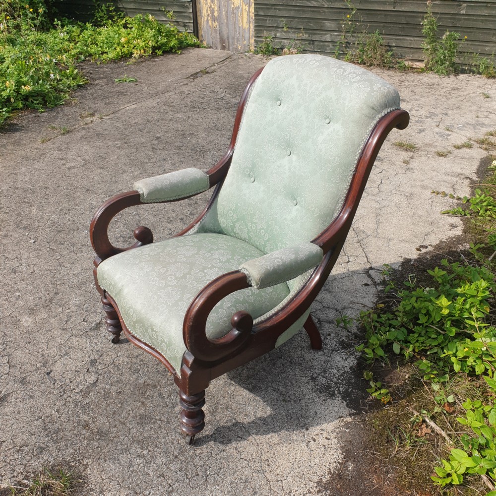 Early Victorian mahogany upholstered scroll arm armchair.  View III