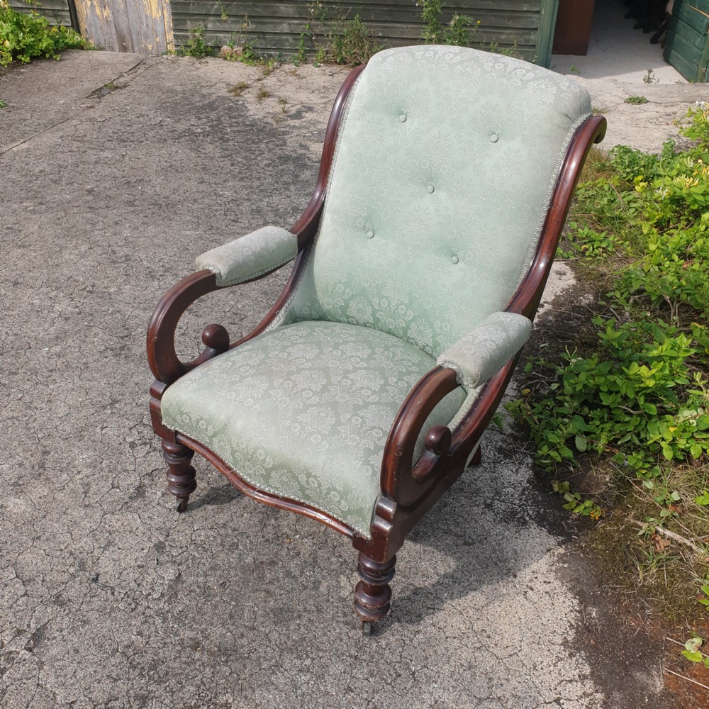 Early Victorian mahogany upholstered scroll arm armchair.  View IV