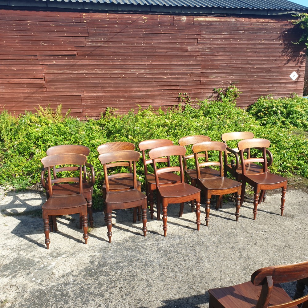 Set of 10 (close harlequin) 19th century farmhouse dining chairs. 