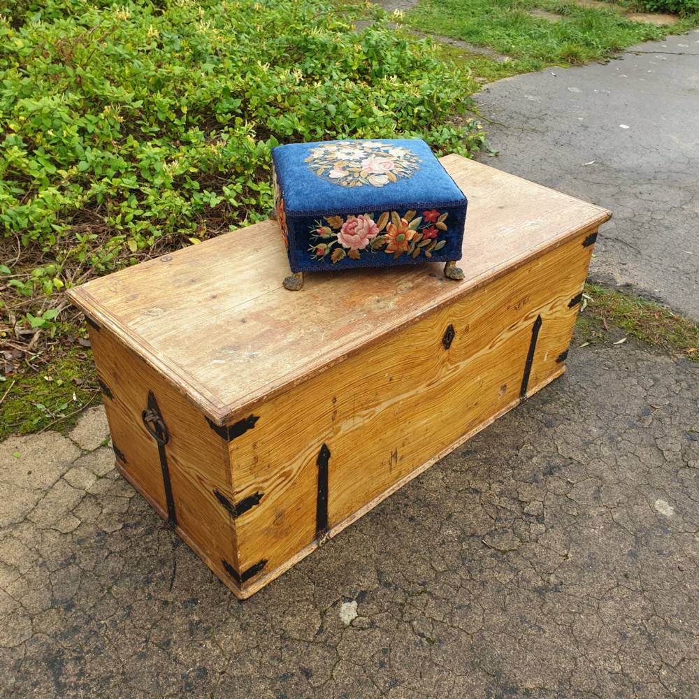Crewel work foot stool with cast brass feet. View IV