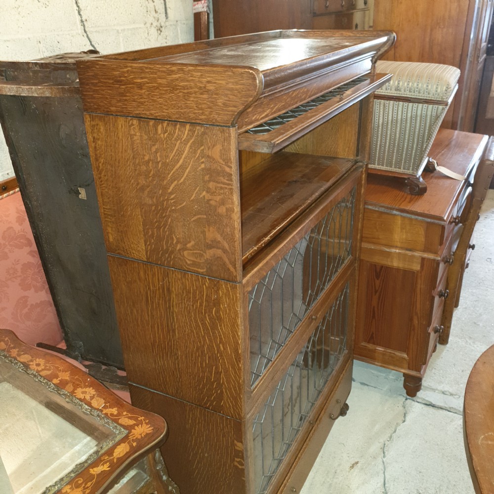 Good oak 3 section leaded glazed Globe Wernicke style bookcase.  View V