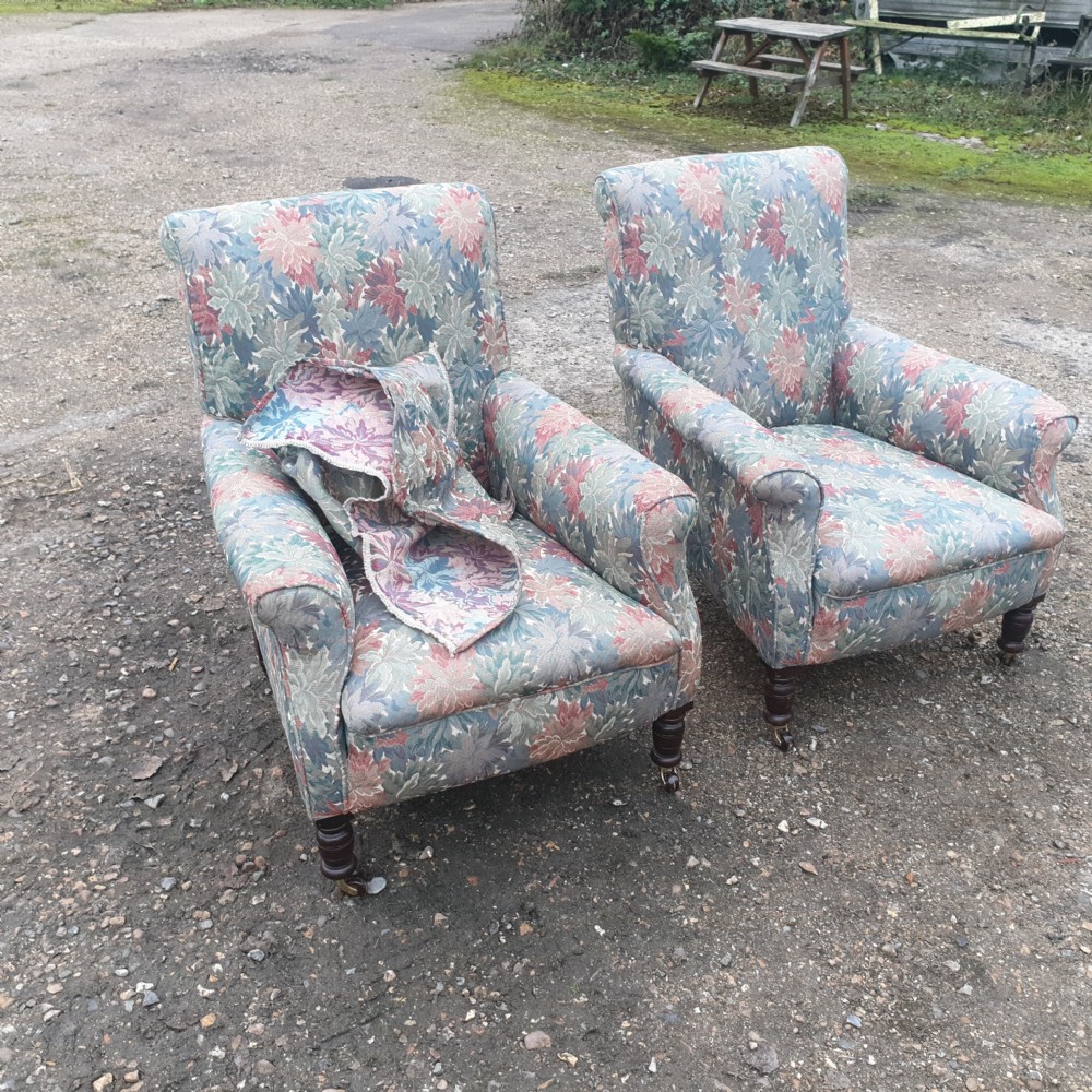 Pair of deep seated upholstered armchairs.  View V