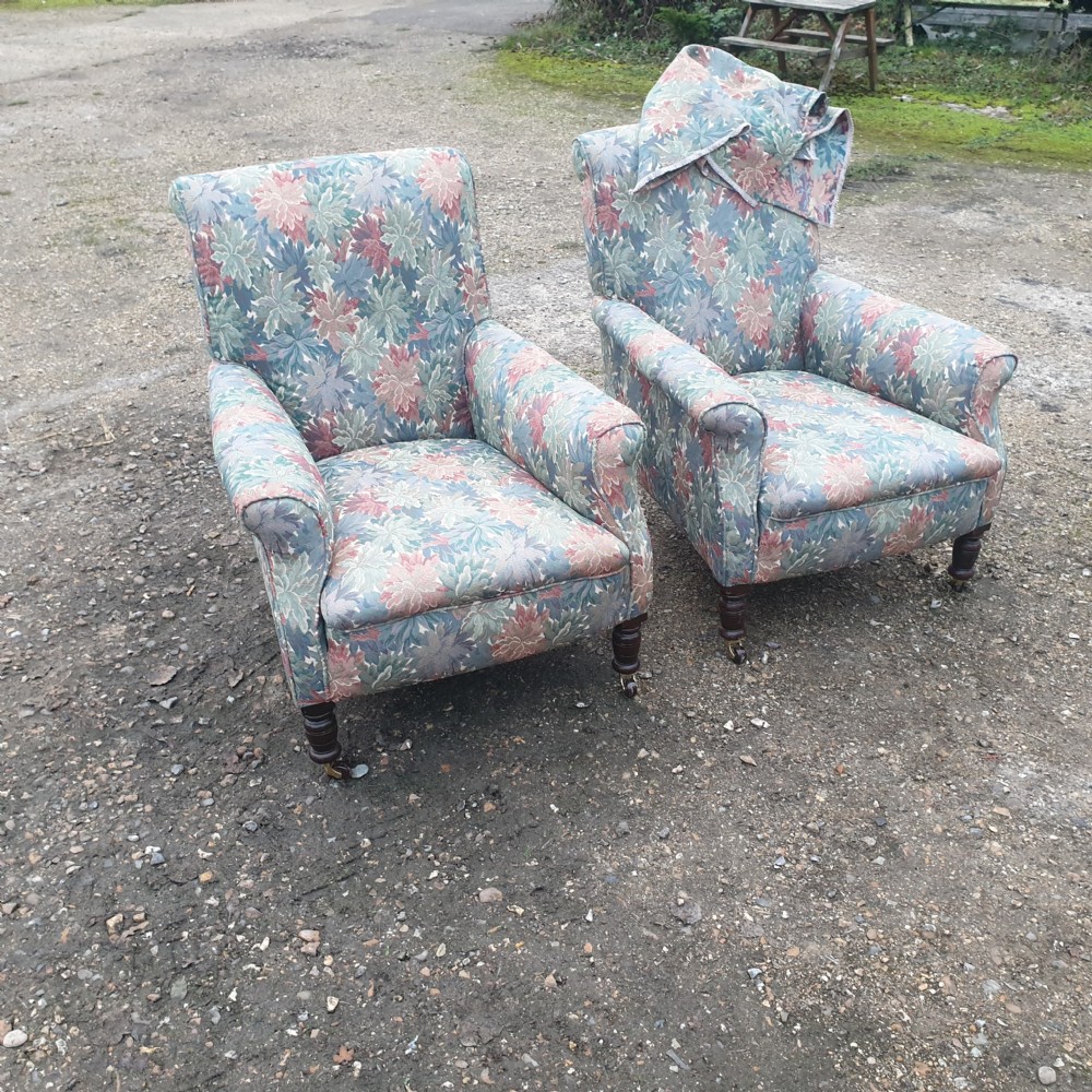 Pair of deep seated upholstered armchairs.  View VI