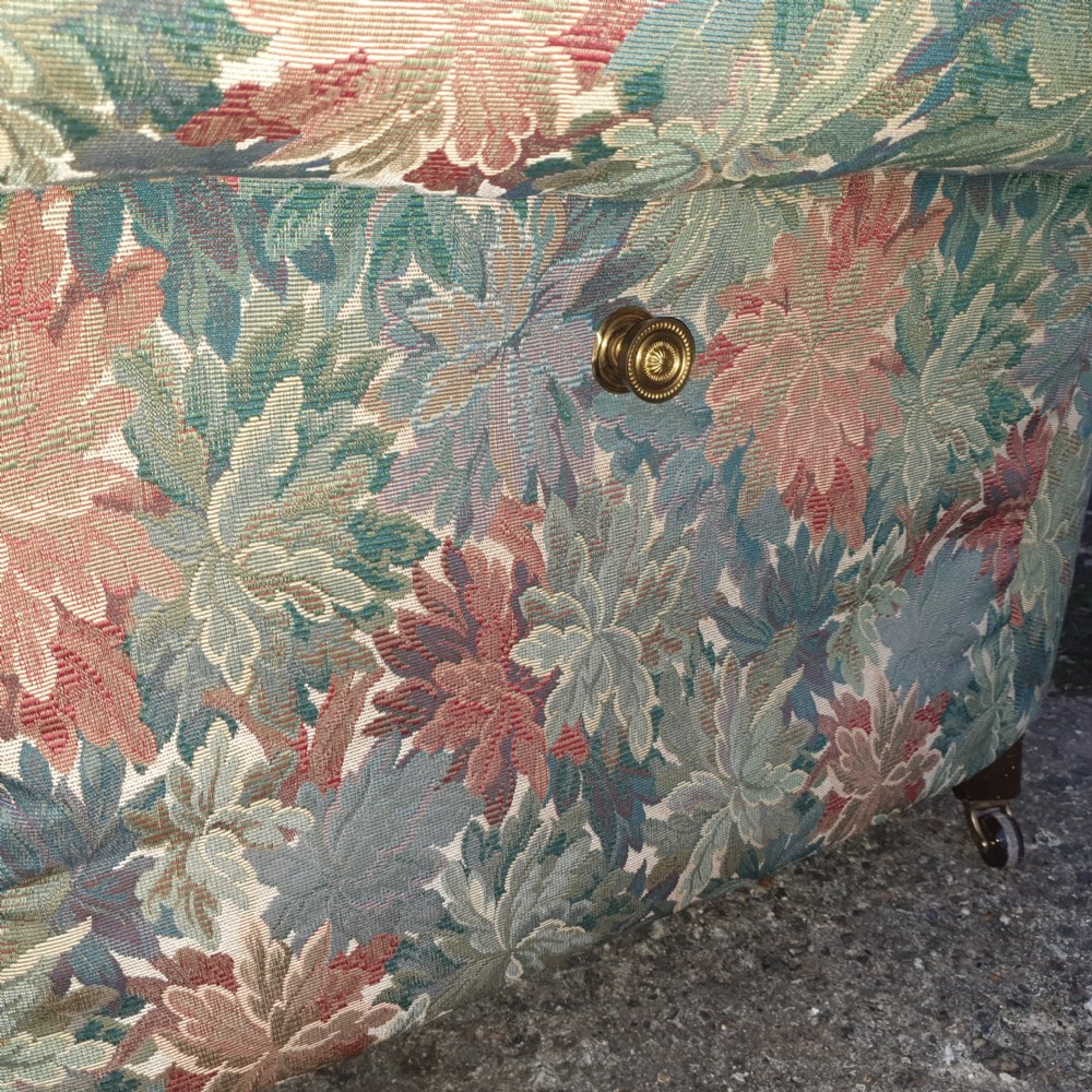 Edwardian upholstered Chesterfield sofa with drop arm. View III
